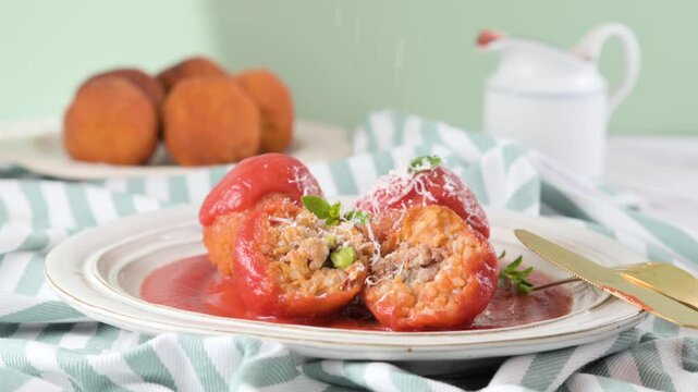 Close-up of hands breaking Sicilian arancini with rice, cheese and herbs. Crispy texture and savory filling. Traditional Italian street food. High quality FullHD footage