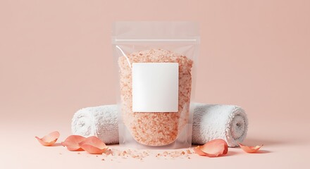 Pink Himalayan Salt Bag with Towels and Rose Petals, Spa Concept