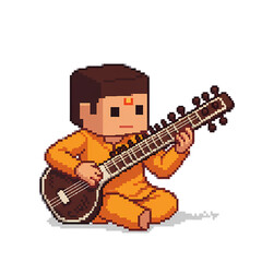 Pixel Art Sitar Player  Indian Classical Music Illustration on transparent background
