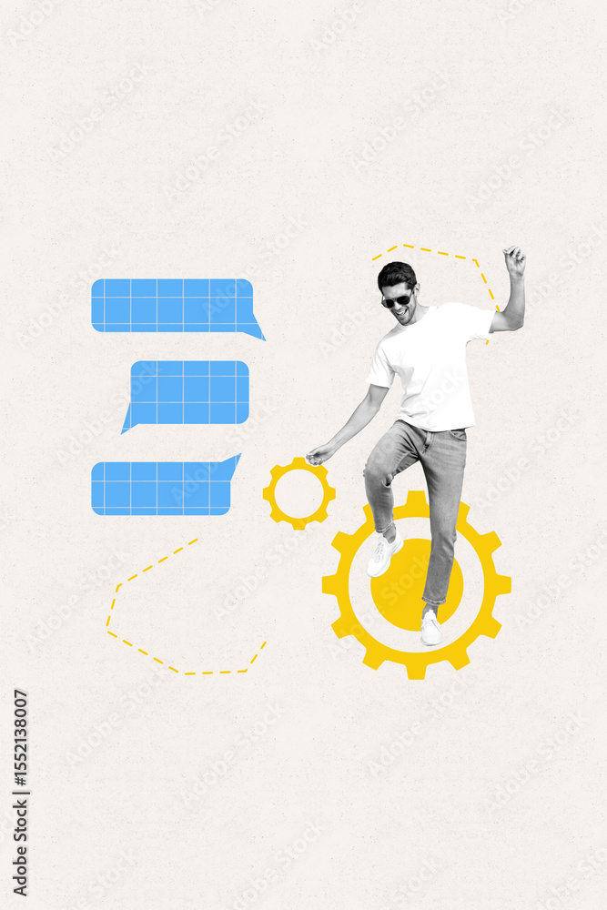 Poster 3d sketch poster vertical collage of happy guy dance colorful bubble chatterbox notification gearwhe