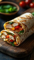 Delicious chicken wrap with fresh vegetables prepared in a cozy kitchen setting