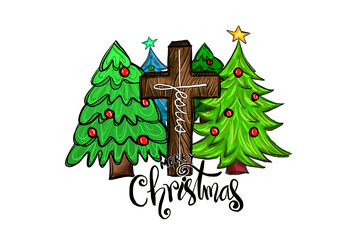 Jesus Merry Christmas – Christmas Trees and Cross Religious isolated on transparent background