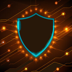 Abstract Shield Illustration with Futuristic Purple Accentsvibrant shield, shield icon, purple dots, dark background, modern design, shield illustration, yellow tones, orange border, abstract shield, 