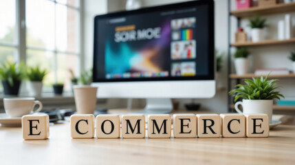 E-commerce represents online buying and selling of goods and services through digital platforms with copy space