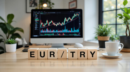 EUR TRY forex trading analysis shows exchange rate movements and market trends between Euro and Turkish Lira with copy space
