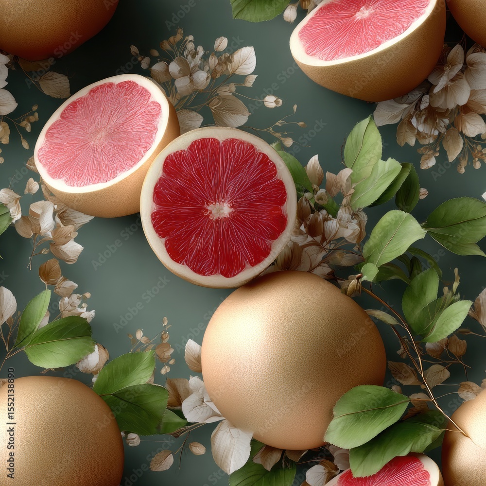 Poster bright and colorful display features fresh oranges and red grapefruits surrounded by green leaves, c