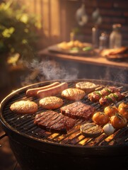 backyard summer barbecue with meats on the grill