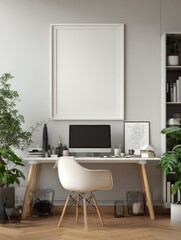 Fototapeta premium A working room there is an poster empty white with a computer desk and A chair and poster mockup highquality engaging highquality professional.