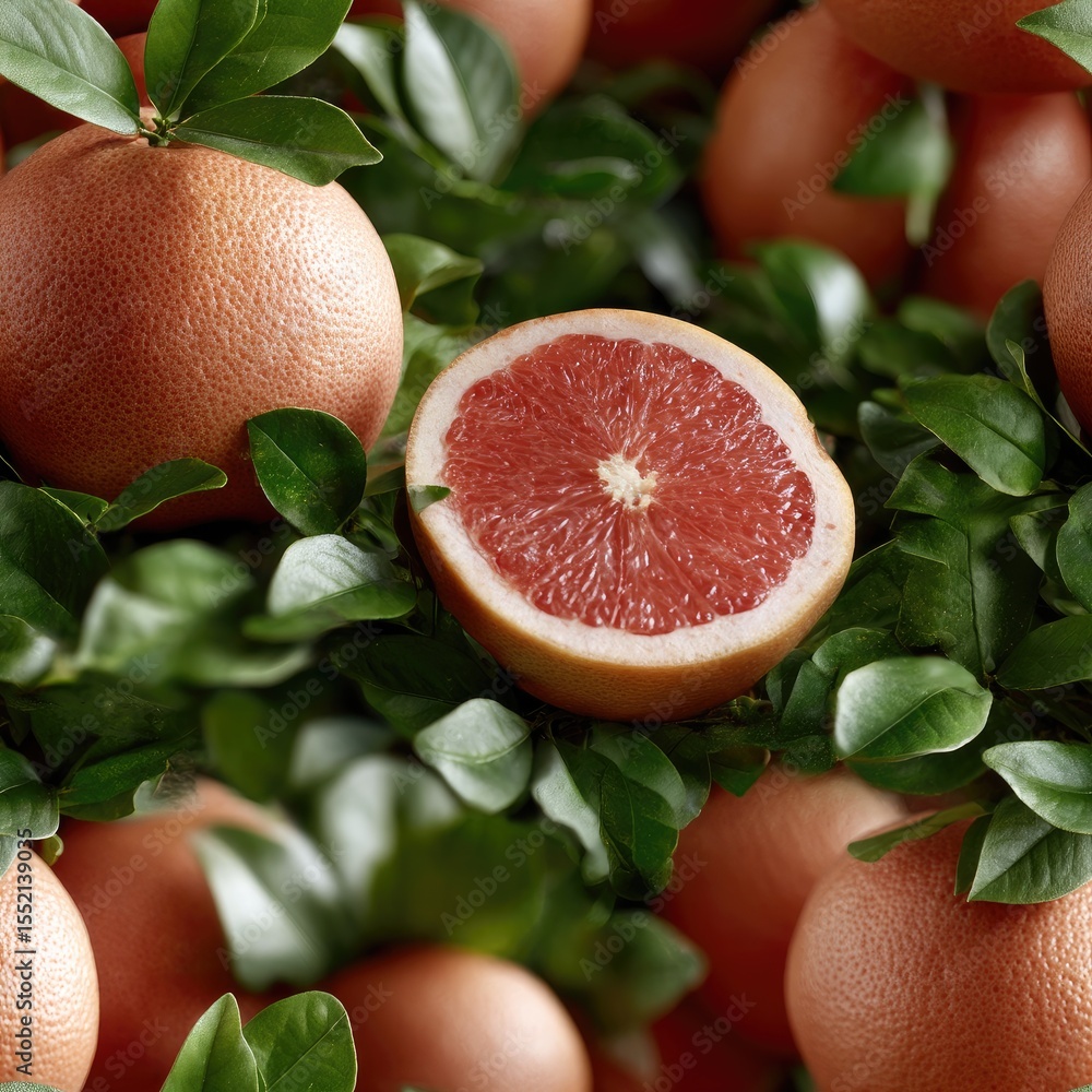 Poster bright and colorful display features fresh oranges and red grapefruits surrounded by green leaves, c