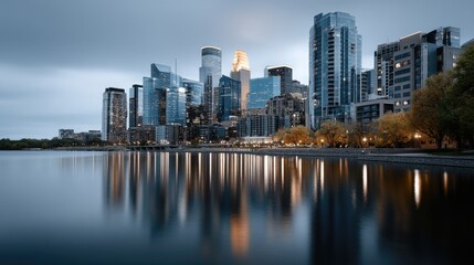Obraz premium Minneapolis skyline glows at night with building lights reflected in the calm river beneath a dramatic cloudy sky
