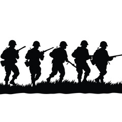 Five soldiers in silhouette advancing through grass