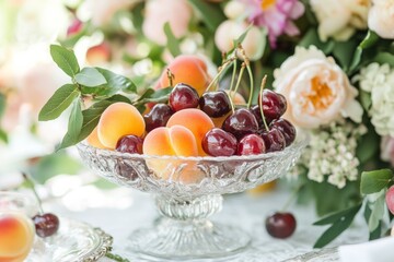 Fresh summer peaches and cherries in elegant glass bowl with floral arrangement