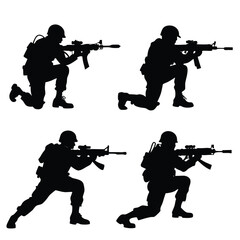 Four black silhouettes of soldiers aiming rifles military