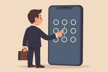 Businessman entering secure pattern lock passcode on modern smartphone. Mobile security and data protection concept. User authentication and privacy login screen. Vector illustration.