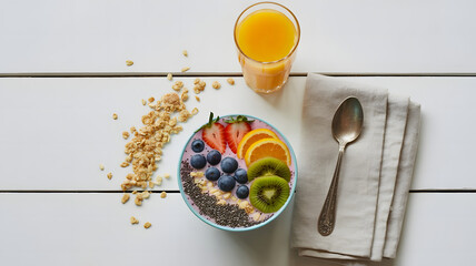 Flat Lay of Healthy Breakfast with Smoothie Bowl and Fresh Fruits