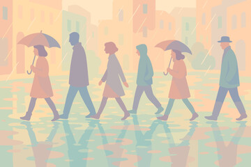 Crowd of people walking in the rain on a city street with umbrellas. Anonymous characters reflected in wet pavement puddles. Moody urban autumn landscape. Flat design vector.