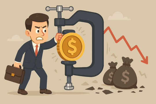 Economic crisis metaphor. Businessman squeezing a dollar coin in a clamp. Concept for financial pressure, recession, budget cuts, austerity, debt, and market crash. Vector art.