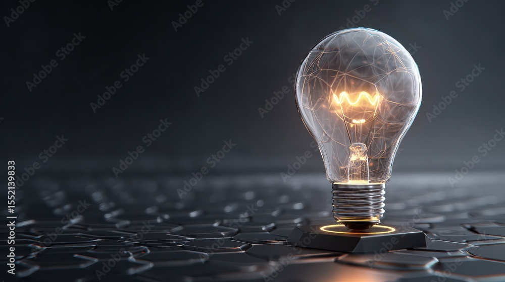 Poster glowing lightbulb on hexagonal patterned platform