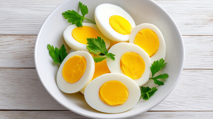 Sliced boiled eggs, decorated with parsley leaves. boiled eggs with fresh herbs