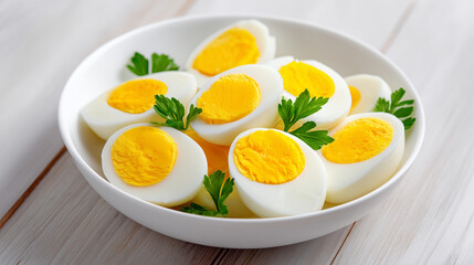 Sliced boiled eggs, decorated with parsley leaves. boiled eggs with fresh herbs