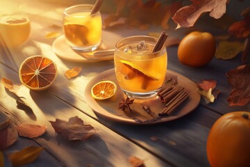 Autumn-themed warm apple cider with cinnamon and orange in sunlit setting
