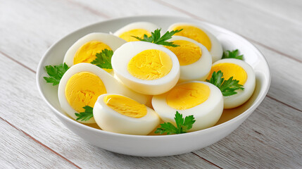 Sliced boiled eggs, decorated with parsley leaves. boiled eggs with fresh herbs