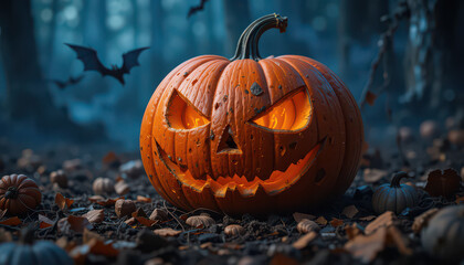 Illuminated jack o lantern with bats flying in a spooky forest at night halloween scene image