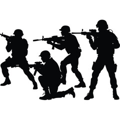 Four Soldiers in Tactical Gear Aiming Rifles Silhouette