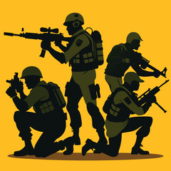 Four soldiers in silhouette with rifles on yellow background