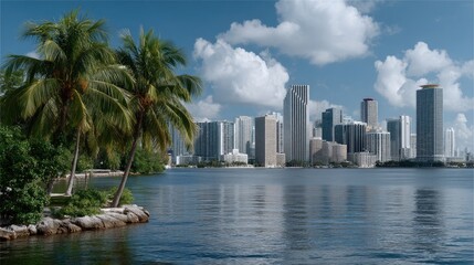 Naklejka premium Vibrant skyline reflects in calm waters with swaying palm trees creating a tropical atmosphere on a bright sunny day
