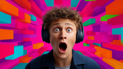Surprised teen reacts to music in a vibrant headphone moment. portrait of a surprised young man. Shocked expression with headphones in color explosion background