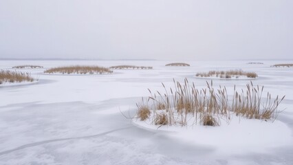 Naklejka premium Frozen Lake with Reeds Emerging from Ice 