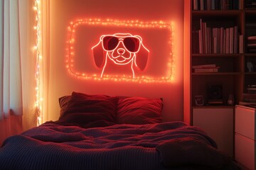 Cozy bedroom with neon dog art and warm lighting