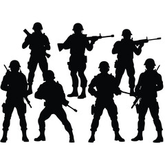Seven black silhouette soldiers with rifles on white background