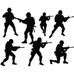 Seven black silhouettes of soldiers with rifles military 1