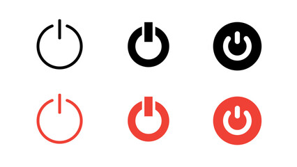 Power button icon set vector. on off switch symbols for web, app, ui ux design. line, solid, circle styles in black and red. isolated graphic elements