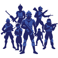 Seven Dark Blue Silhouettes of Soldiers with Rifles