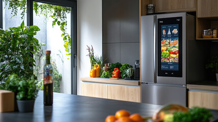 A modern smart kitchen featuring sleek smart refrigerator touchscreen display,advanced appliances,integrated home automation system,showcasing futuristic technology convenience in contemporary living