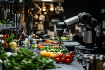 Automated kitchen setup with robotic arms preparing meals, showcasing AI-driven culinary innovation, futuristic home technology,smart cooking solutions for efficiency convenience.copy space,banner