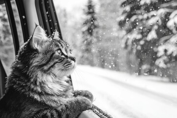 Curious cat watching snowfall through car window in winter