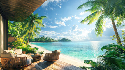 Tropical beachfront balcony with cozy seating area and panoramic ocean view, surrounded by lush greenery and palm trees, symbolizing serenity, leisure, and exotic island vacation