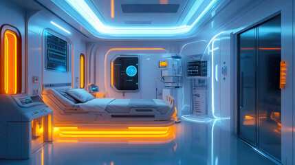 Futuristic hospital room with advanced MRI scanner and glowing blue lights, symbolizing cutting-edge diagnostic imaging technology, innovation in healthcare, and medical precision.banner.copy space