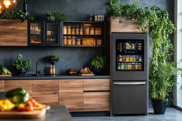 A modern smart kitchen featuring sleek smart refrigerator touchscreen display,advanced appliances,integrated home automation system,showcasing futuristic technology convenience in contemporary living