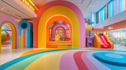 a bright and colorful minimalist children's play area with clean lines, modern design, and engaging elements, creating a safe and inviting space for fun, creativity, and exploration.banner.copy space