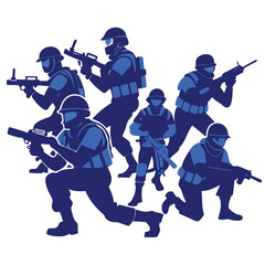 Seven dark blue soldier silhouettes holding rifles