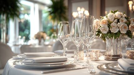 Luxury restaurant interior with classic furniture, white tablecloths, elegant table setting and warm ambient lighting. Banner with copy space