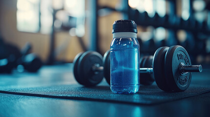 Light blue fitness drink bottle placed on textured blue mat with dumbbells in gym interior, capturing the essence of hydration, recovery, and strength-building in a healthy workout lifestyle.