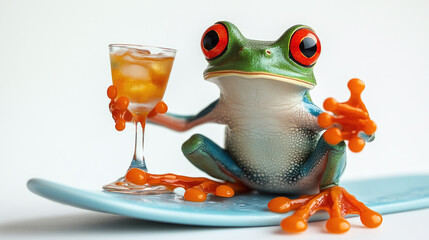 Relaxed cartoon frog standing on surfboard holding cocktail with orange slice and straw enjoying tropical vacation, humorous anthropomorphic animal concept on white background.banner,copy space,mockup