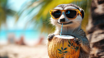 A funny, adorable animal dressed in summer Hawaiian clothes and sunglasses, sipping from a coconut with a straw, enjoying the tropical beach background. Vacation .Funny meme with copy space and banner