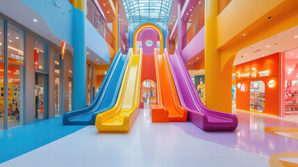 a vibrant and colorful indoor playground featuring exciting slides,climbing structures,interactive play areas,designed for children fun and adventure family-friendly shopping center,banner,copy space